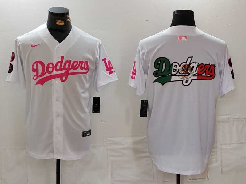 Men%27s Los Angeles Dodgers Team Big Logo White Pink Vin & Kobe Patch Stitched Baseball Jerseys->2023 world baseball classic->MLB Jersey